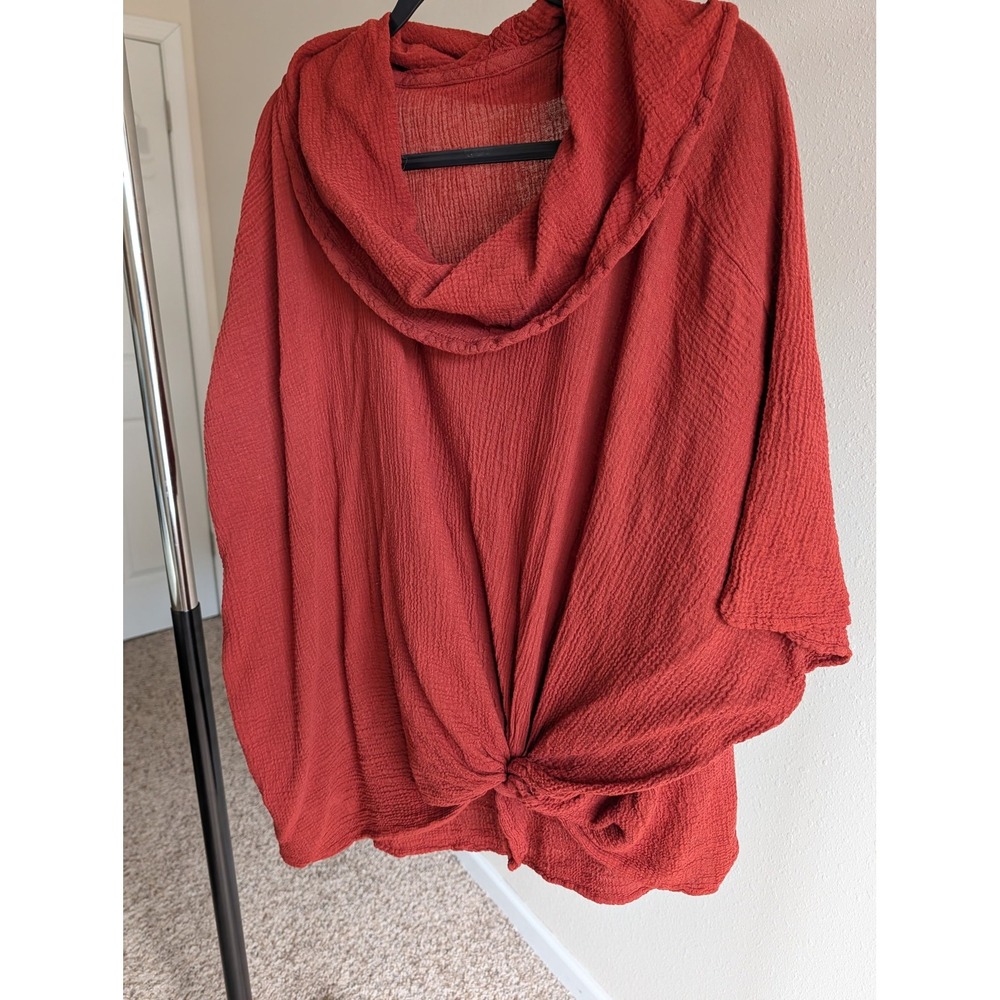 Terracotta Red Cotton Crinkle Gauze Cowl Neck Front Knot Oversized Boho Blouse